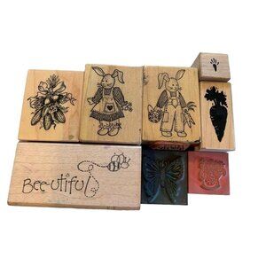 Wood Block Rubber Stamp Lot Bunny Carrot Bee Corn Butterfly Nature Themes
